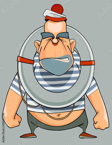 cartoon angry sailor with his fists with a lifeline
