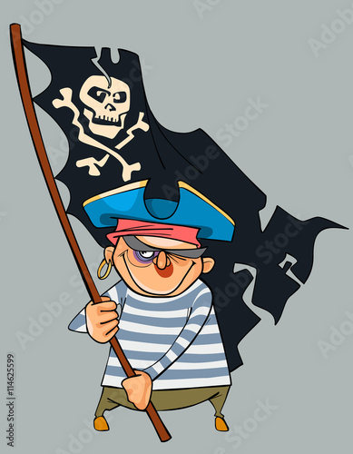 Cartoon pirate with a shiner holding a pirate flag