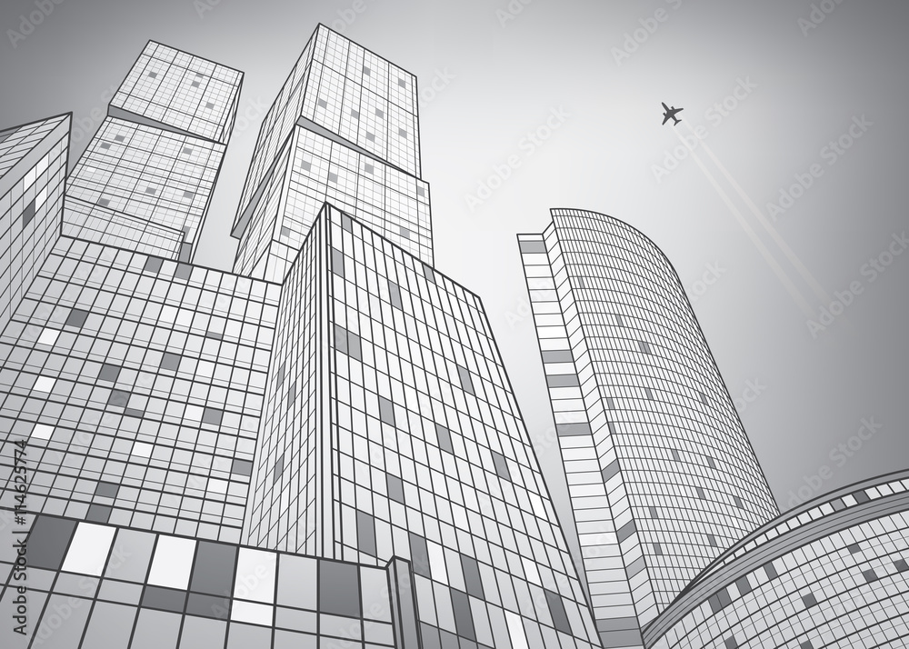 Business building, silver city, infrastructure illustration, modern architecture, skyscrapers, airplane flying, vector design art