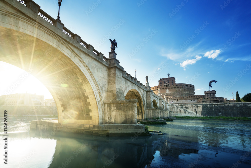 Sant Angelo Castle and Bridge in sunset time, Rome, Italia