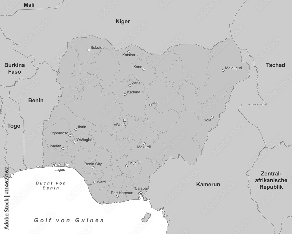 Fototapeta premium Karte von Nigeria - Grau (detailliert)