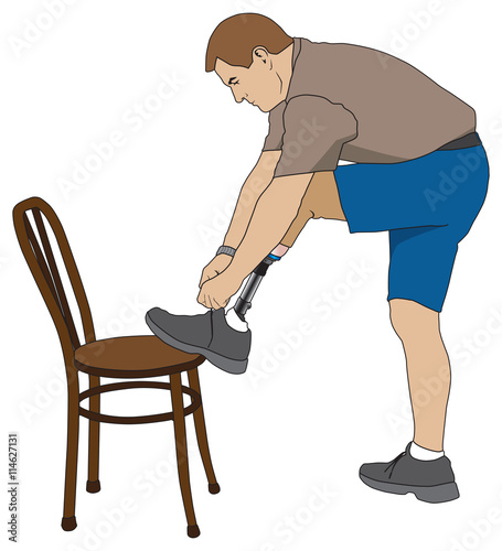 Left leg amputee using chair to tie his shoe