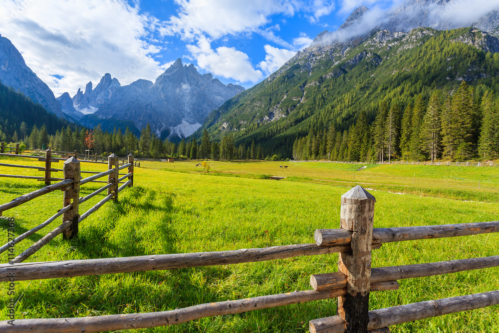 Wooden fence and green pasture in mountain valley of Fischleintal, Dolomites Mountains, South Tyrol, Italy