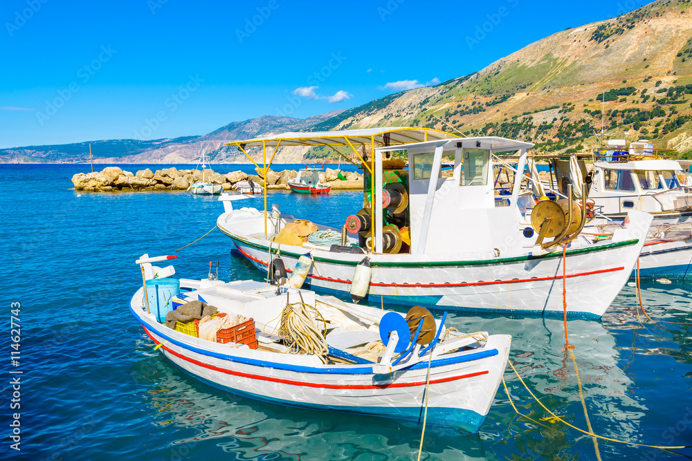 Traditional greek fishing boats in port of Zola village, Kefalonia island, Greece
