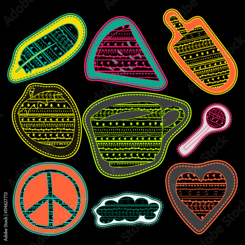 happy chalk board stickers and embroidery patches collection vintage style. Pin trendy label patch sticker coffee, feather, pacific sign, watermelon, ice cream, lollipop candy, cloud, heart vector