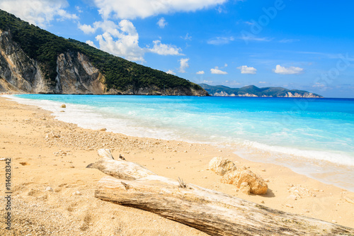 Dry tree trunk on idyllic Myrtos beach, Kefalonia island, Greece