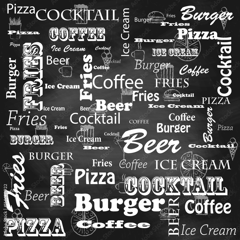 A set of food for the cafe, restaurant and fast food on the chalkboard. A set of food for the cafe, restaurant and fast food on the chalkboard.