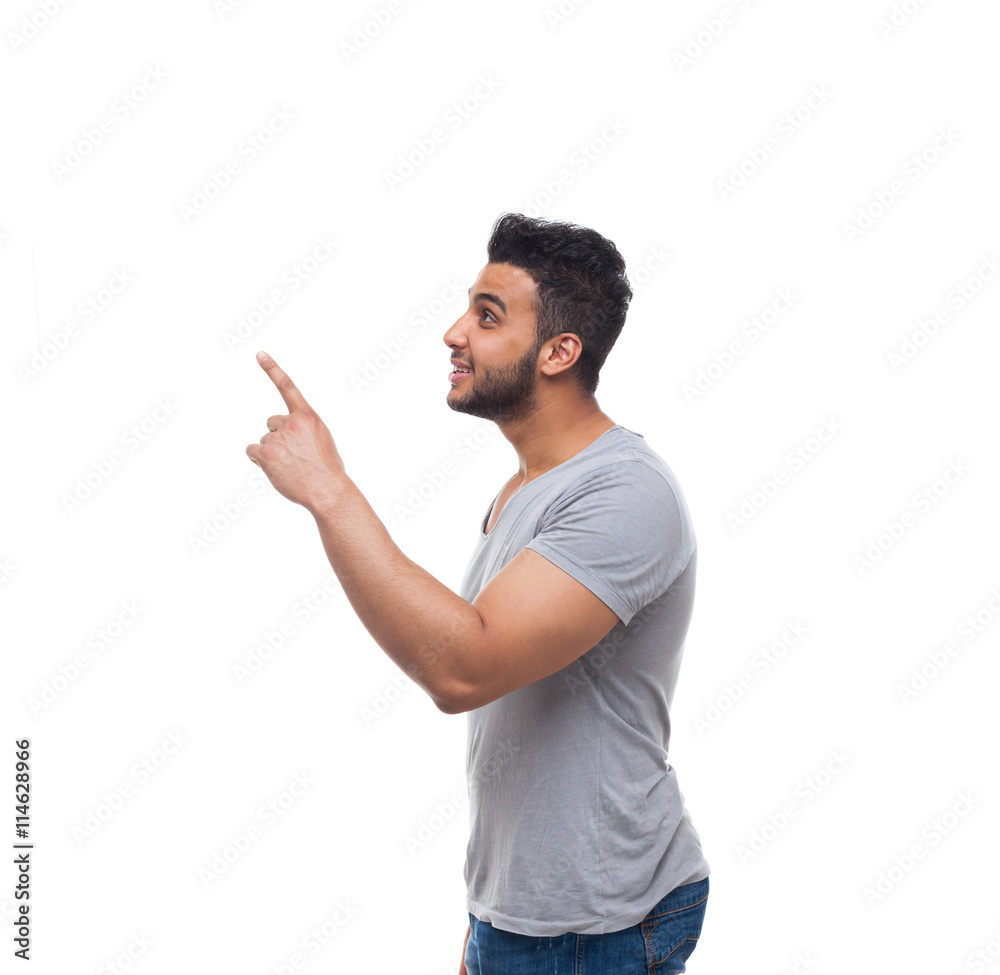 Casual Handsome Man Point Finger At Corner To Copy Space Casual Handsome Man Point Finger At Corner To Copy Space
