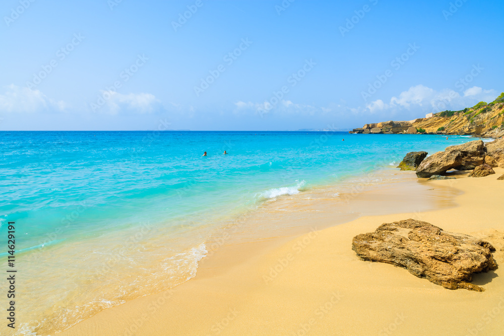Turquoise sea at sandy Lassi beach on Kefalonia island, Greece