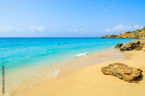 Turquoise sea at sandy Lassi beach on Kefalonia island, Greece