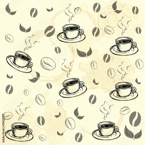 A set of food for the cafe, restaurant and fast food on paper stained in spots. Сoffee house
