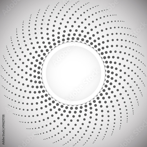 Halftone. Abstract spiral designs of dots. The pattern in shades of gray and white. Round shape background.