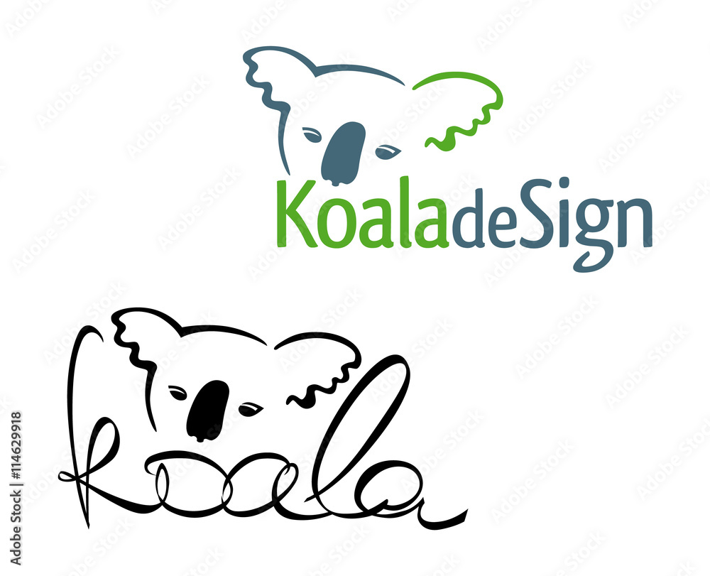 Sign or logo in the form of an Australian tropical animal koala bear, painted in color and black version. Head koalas intertwined with the spelling of the word. Sign or logo in the form of an Australian tropical animal koala bear, painted in color and black version. Head koalas intertwined with the spelling of the word.