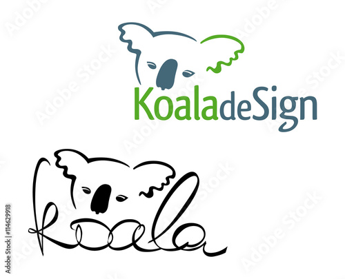 Sign or logo in the form of an Australian tropical animal koala bear, painted in color and black version. Head koalas intertwined with the spelling of the word.