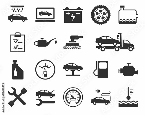 Repair and maintenance of vehicles, single-color icons.  
