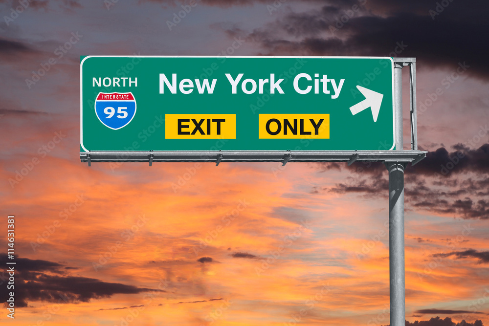 New York City Exit Only Highway Sign with Sunrise Sky