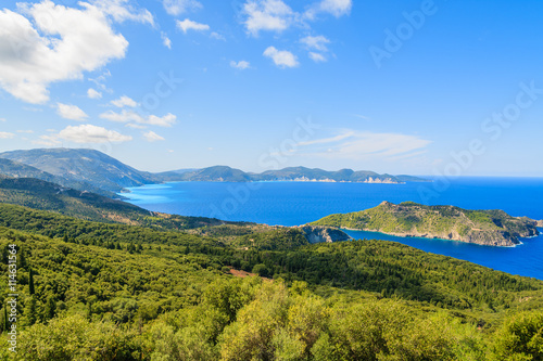 Blue sea and mountains on coast of Kefalonia island near Assos town, Greece