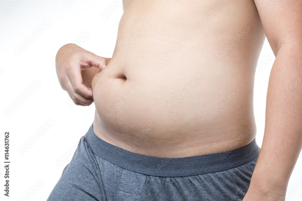 Naklejka premium overweight man with hand holding fat belly