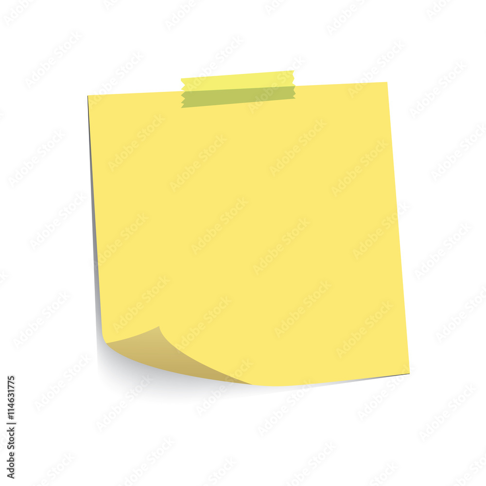 Pastel Yellow paper note and adhesive tape with curled corner, ready for your message. Vector illustration. Isolated on white background. Front view. Top view. Close up. Pastel Yellow paper note and adhesive tape with curled corner, ready for your message. Vector illustration. Isolated on white background. Front view. Top view. Close up.