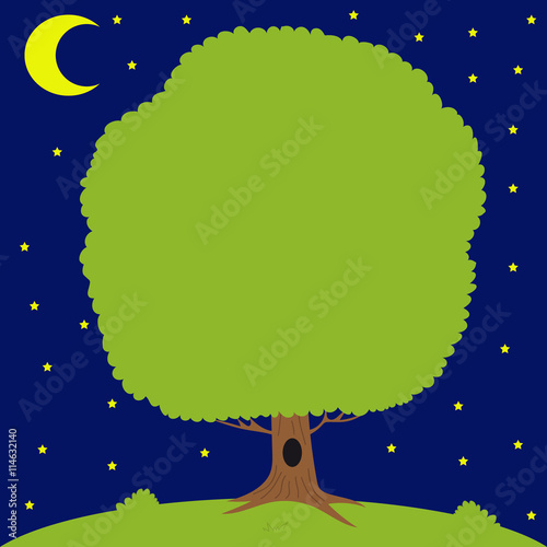 Green tree on meadow, moon is shining