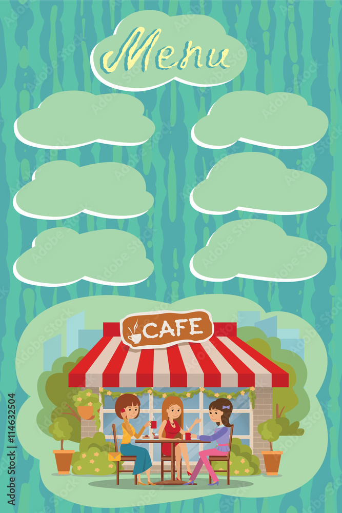 Vector illustration of people at the cafe outdoor. Template for menu, brochure, flyers.