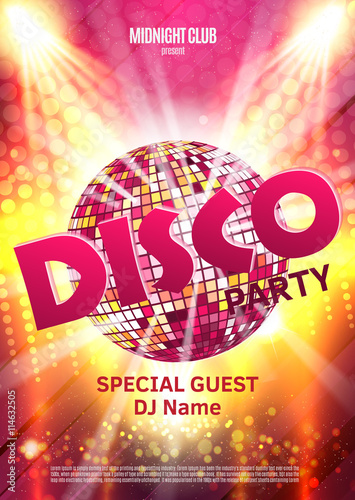 Disco party poster. Background party with disco ball photo