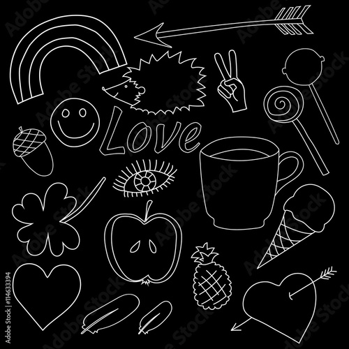 hand drawn doodles collection vector illustration coffee, apple, ice cream, heart