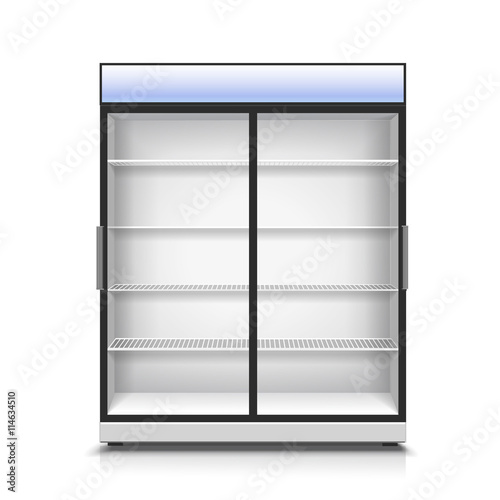 Empty vertical refrigerator for with two transparent front panels for cooling drinks and products isolated realistic vector Illustration