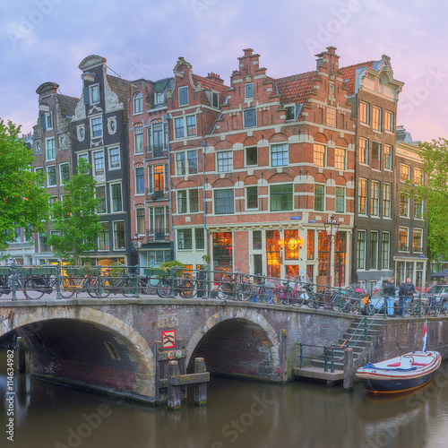 Photography Amstel river, canals and night view of beautiful Amsterdam city