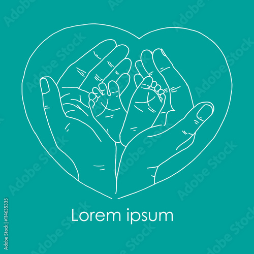 Cute little feet of newborn baby in mother's hands.