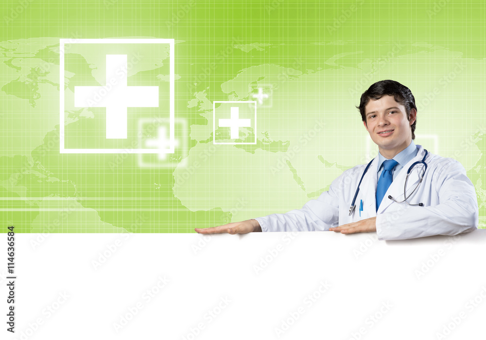 Doctor with banner Doctor with banner