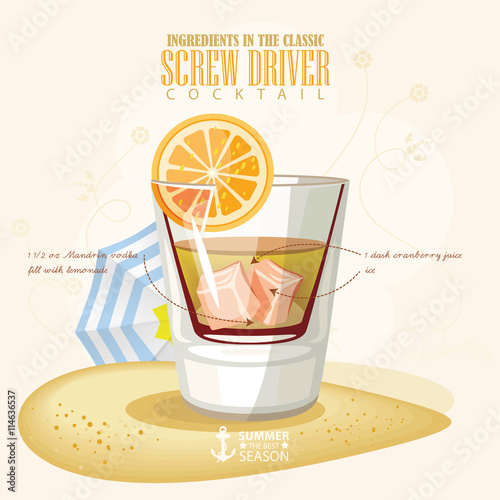 Vector illustration of popular alcoholic cocktail. Screw driver club alcohol shot.