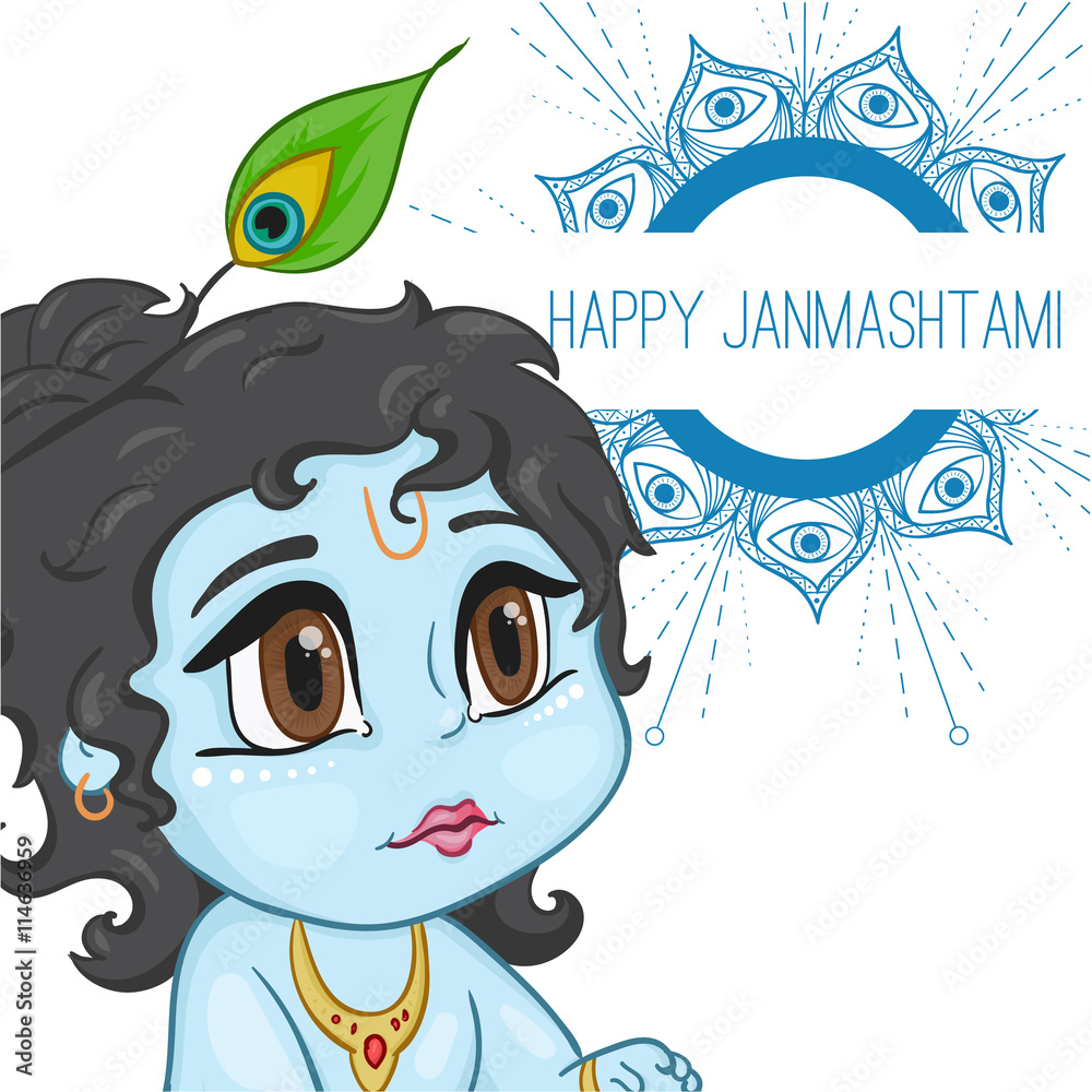 Hand drawn little baby god Krishna in anime style. With a pot of ...