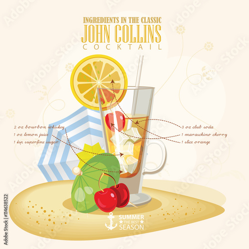 Vector illustration of popular alcoholic cocktail. John Collins club alcohol shot.