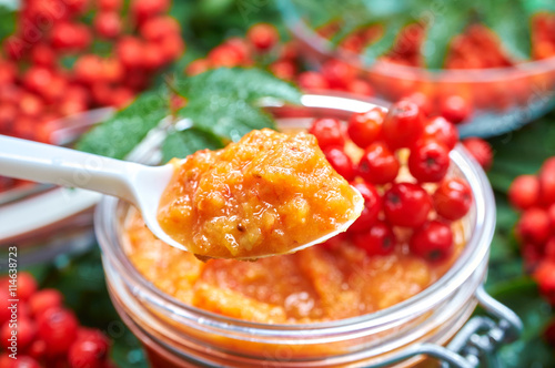 Jar with home made rowan berries jam