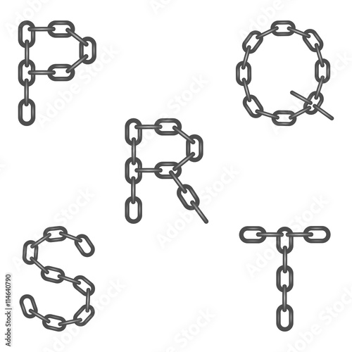 The letters of the alphabet P, Q, R, S, T, made of steel iron chains connected segments on a white background. Dark gray letters