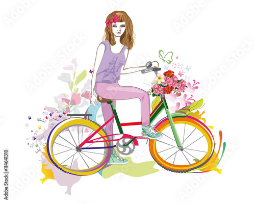 Fototapeta Naklejka Na Ścianę i Meble -  Fashion girl rides a bicycle the streets of the old town. Hand drawn illustration. 