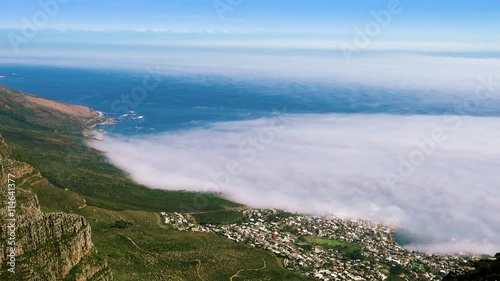 Aerial view of Camps Bay in Cape Town, South Africa from Table Mountain