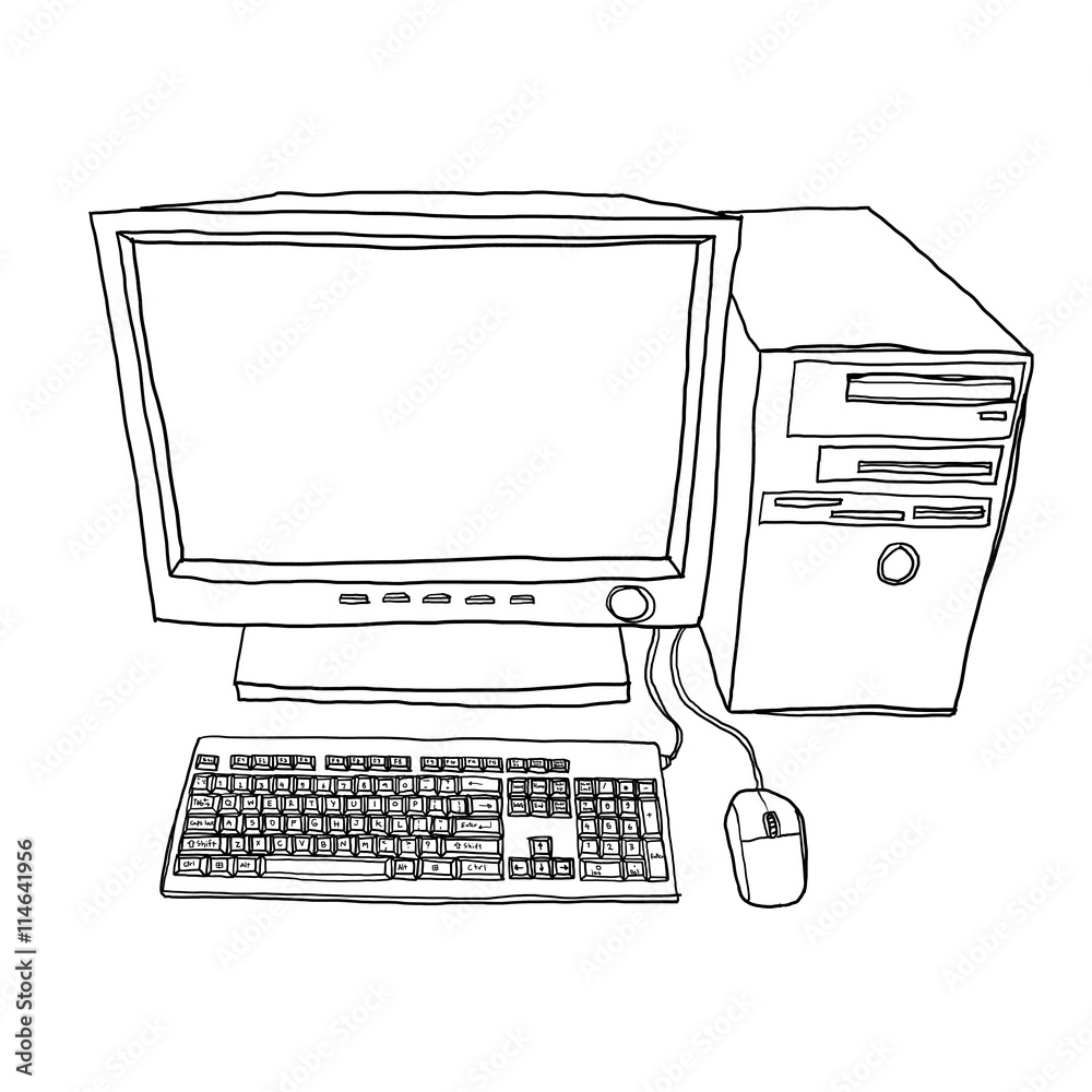 desktop computer hand drawn line art illustration Stock Photo | Adobe Stock