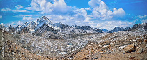 Panoramic view of Mount Everest and Nuptse  glacier and ice-fall khumbu in Sagarmatha National Park in the Nepal Himalaya photo