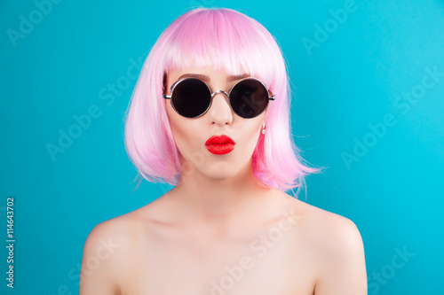 beautiful woman wearing pink wig