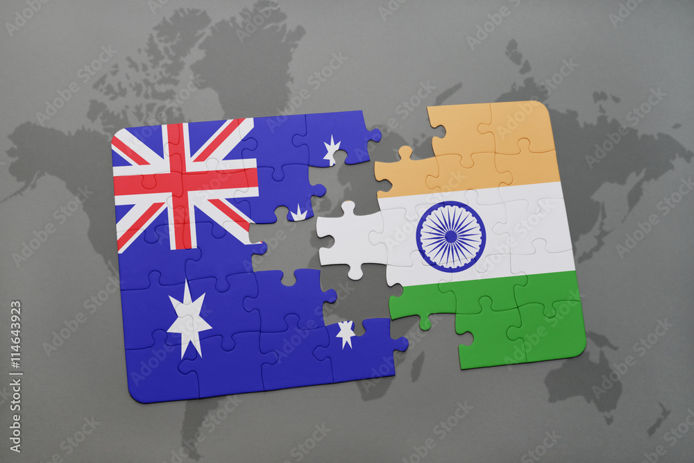 puzzle with the national flag of australia and india on a world map ...