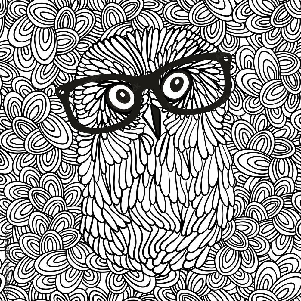 Fototapeta premium Doodle pattern with black and white hipster owl image for coloring.