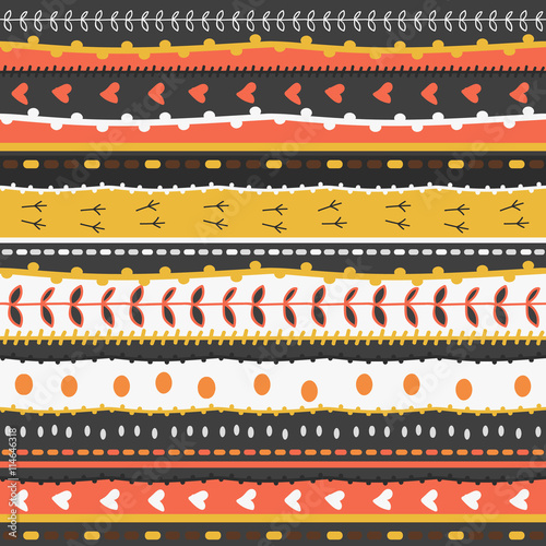 Whimsical embroidery stripes and stitches hand drawn doodle pattern. Seamless texture with stitches, hearts, dots, branches, bird footprints for decoration background