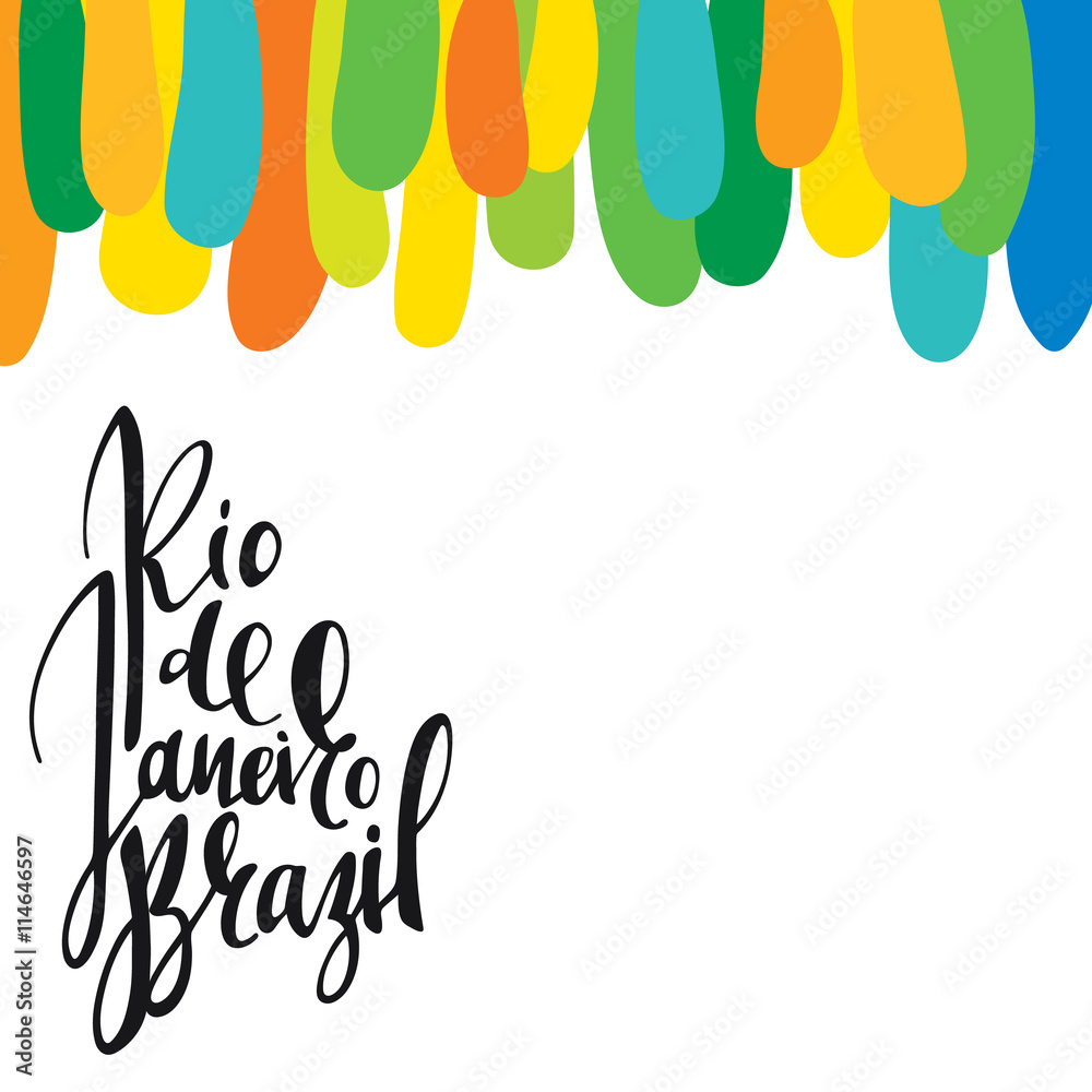 Obraz premium Inscription Rio de Janeiro Brazil, background colors of the Brazilian flag. Calligraphy handmade greeting cards , posters phrase Rio de Janeiro Brazil. Background watercolor brush , Brazil carnival