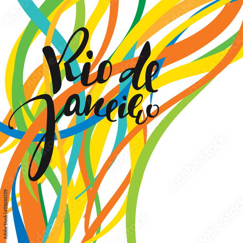 Rio de Janeiro inscription, background colors of the Brazilian flag. Calligraphy handmade greeting cards , posters phrase Rio de Janeiro. Background watercolor brush , Brazil carnival