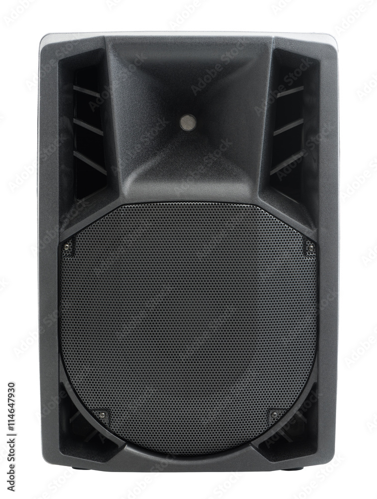 Obraz premium Black Audio Speaker Isolated on White Background, Front View.