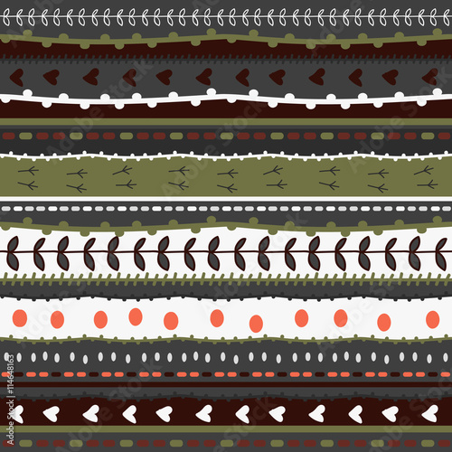 Whimsical embroidery stripes and stitches hand drawn doodle pattern. Seamless texture with stitches, hearts, dots, branches, bird footprints for decoration background
