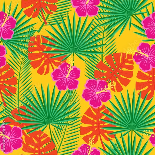 bright seamless background with tropical flowers and leaves