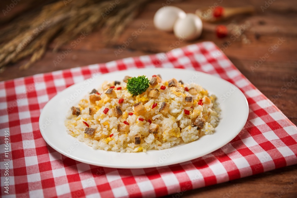 Plate of fried rice on the table in restaurant Plate of fried rice on the table in restaurant